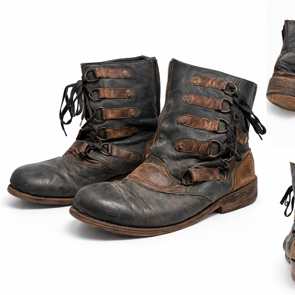 Vintage Distressed Leather Lace-Up Boots